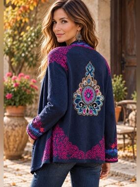IVKO Embroidered Cardigan Navy Multicolor Boho Knit EU 40 Medium